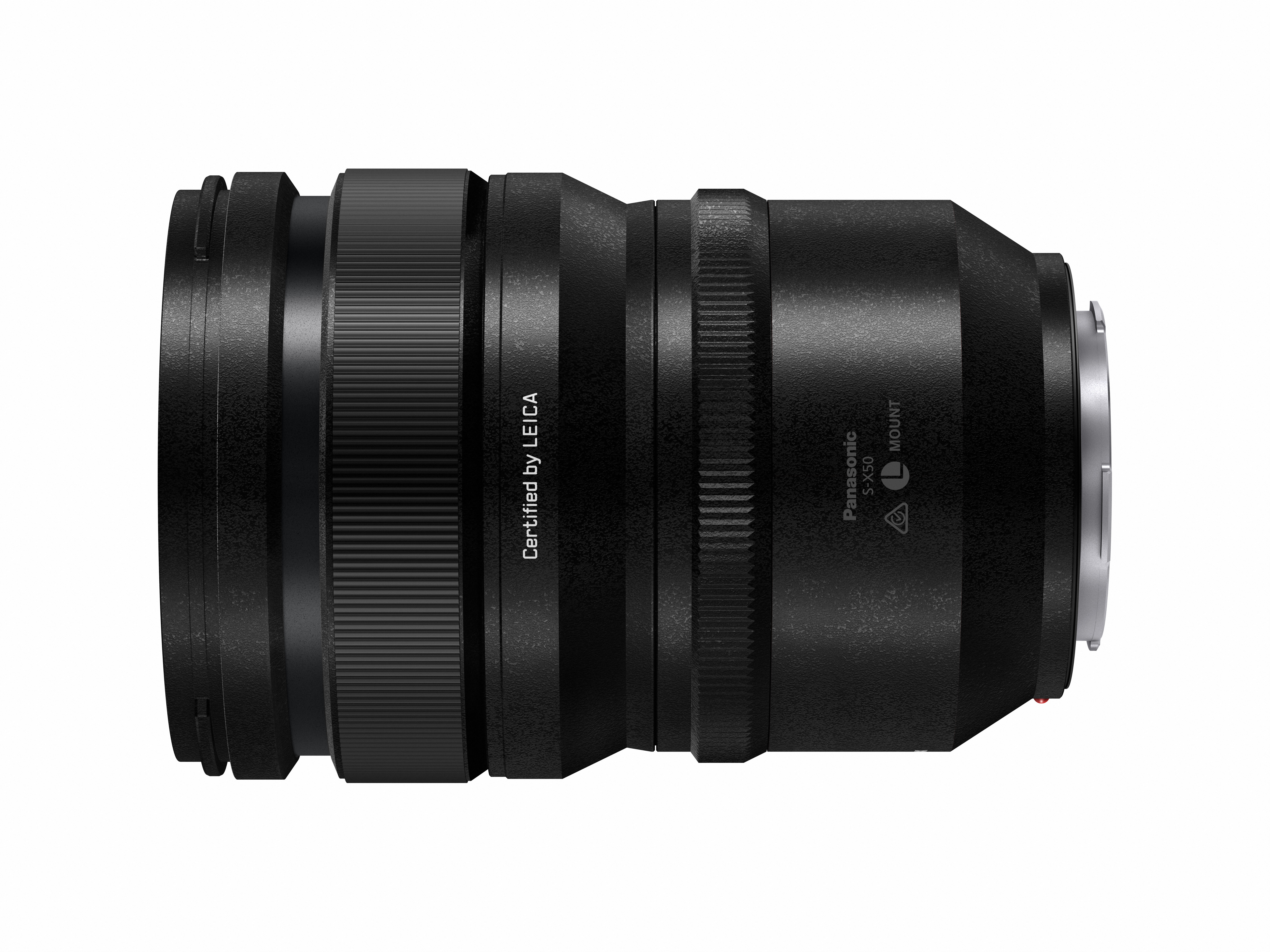 Schwarzes Kameraobjektiv auf Weiß. Es hat einen Silberring und den Text "Certified by LEICA".