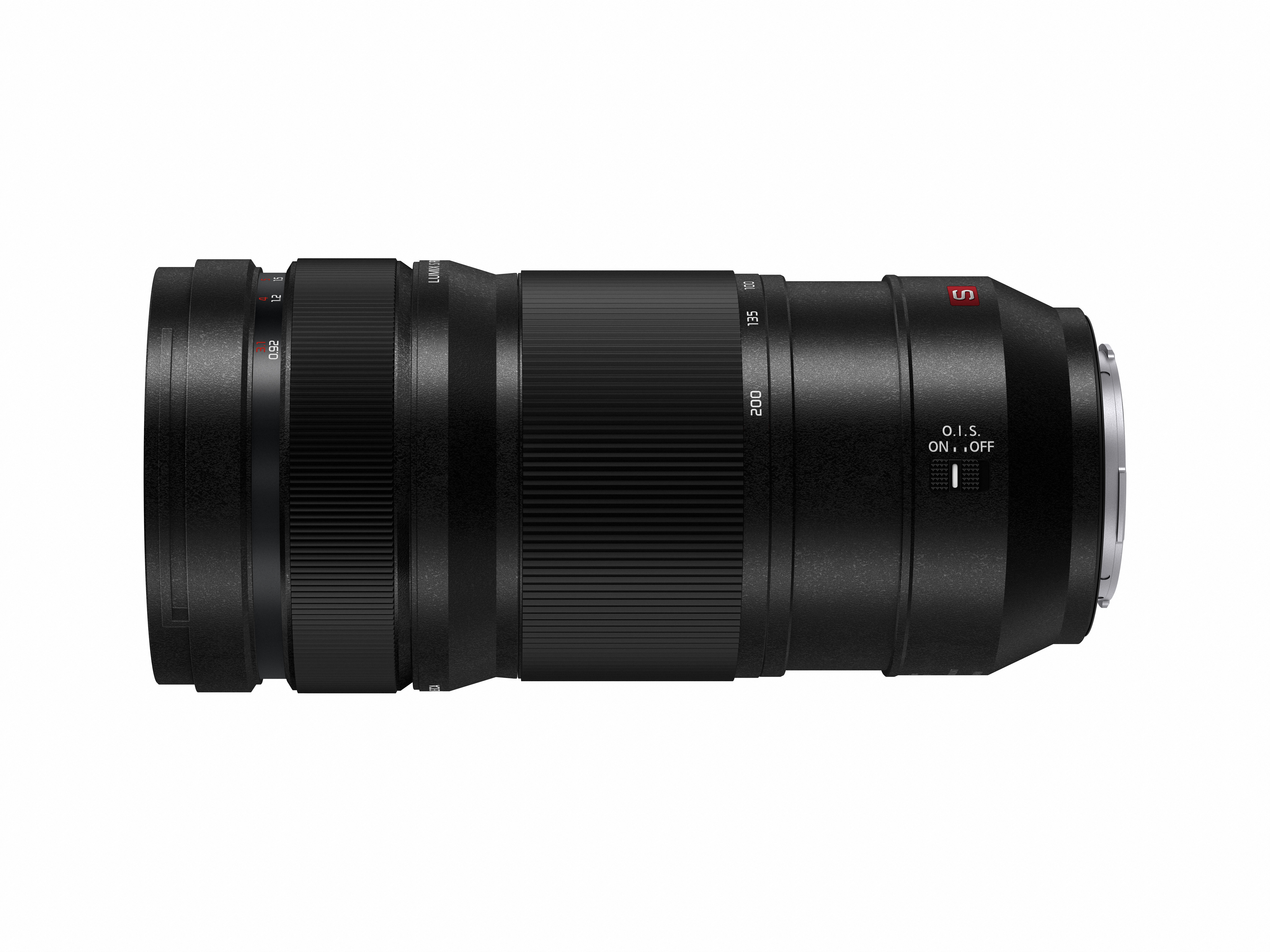 Ein schwarzes Kameraobjektiv mit Fokus- und OIS-Bedienelementen. Es hat einen Zoombereich von 12-200 mm.