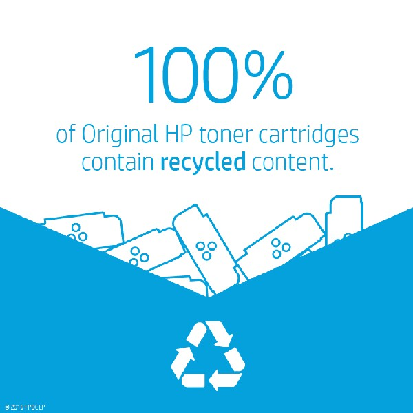 Görüntüde metin var: HP toner kartuşlarının %100'ü geri dönüştürülmüş içerik içerir.