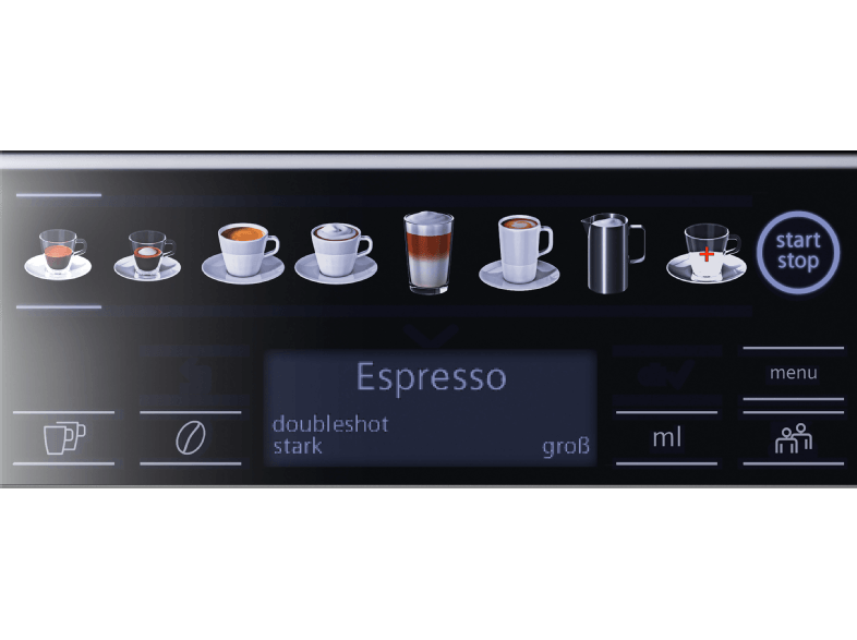 Bedienfeld einer Espressomaschine mit verschiedenen Kaffeeoptionen.