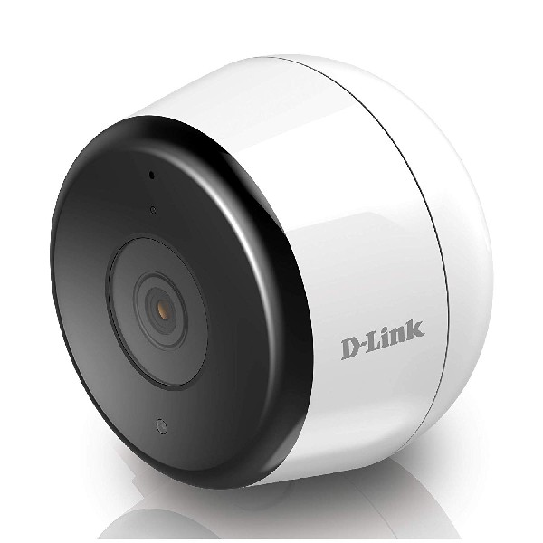 Cámara de seguridad D-Link blanca con lente negra y fondo blanco.