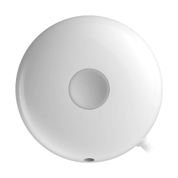 Un dispositivo blanco, circular con un círculo gris central. Tiene un cable adjunto. Vista desde arriba.