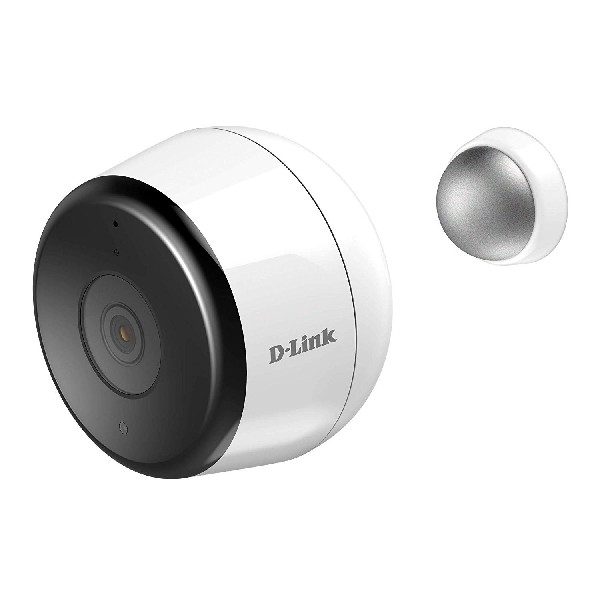 C ámara de seguridad D-Link blanca con lente negra. Un soporte magnético blanco separado a su lado.