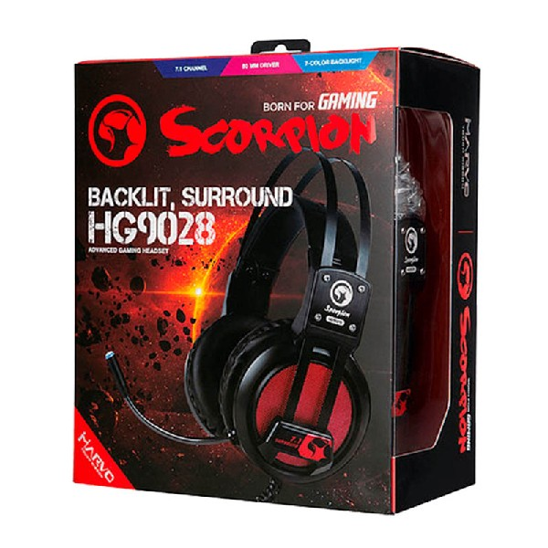 Auriculares gaming - Scorpion MA-HG9028, Surround 7.1, Luz LED, Negro / Rojo