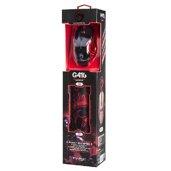 Pack Ratón gaming + Alfombrilla - Scorpion MA-M416+G1, 2400 DPI, Luz led, negro/rojo