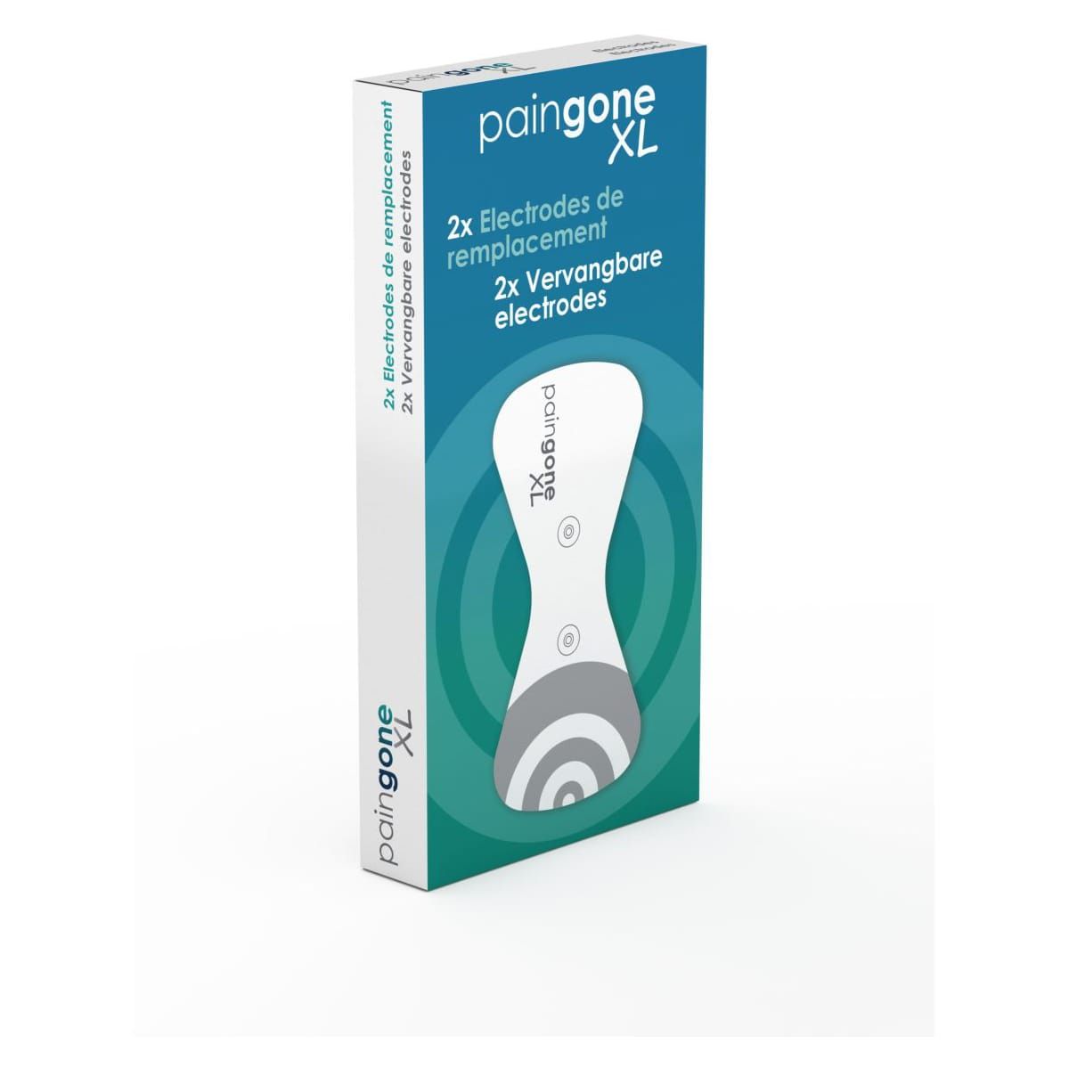 White and grey box with Paingone XL, electrodes replacement details.