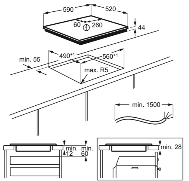 Diagram of a black induction hob with dimensions and cut-out details.