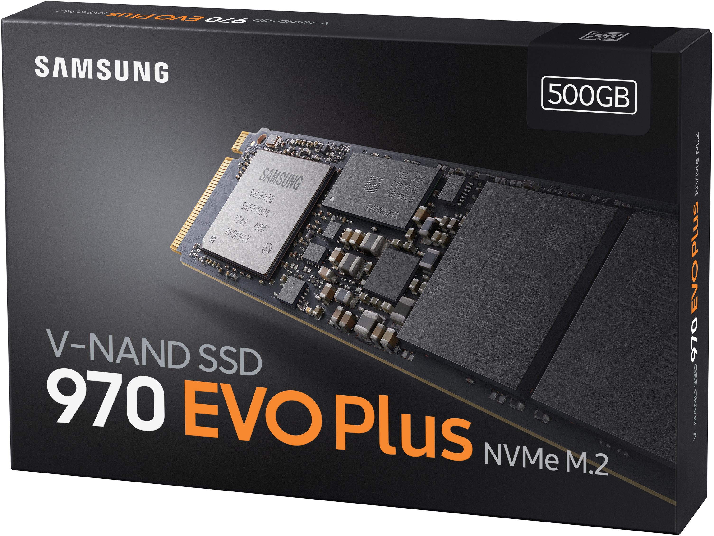 SSD-Box. Dunkle Box mit Samsung-Logo und 500GB-Etikett. Produktname: 970 EVO Plus.