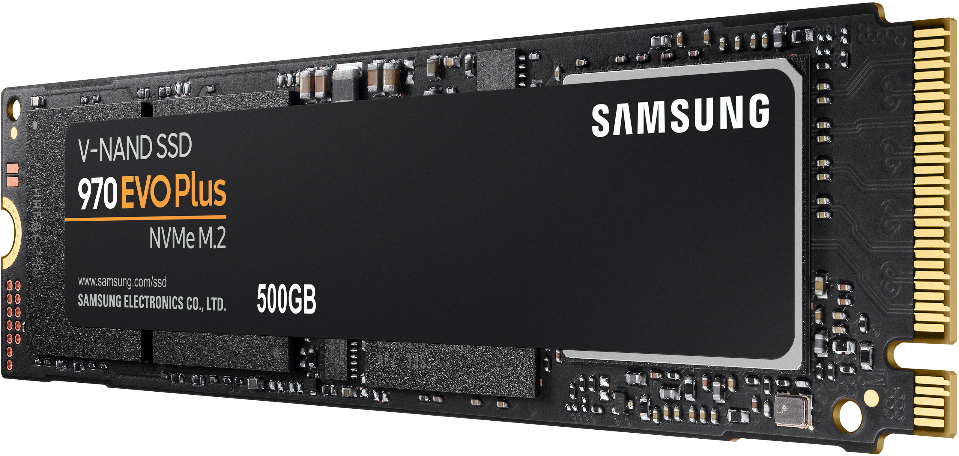 Ein schwarzes Samsung 970 EVO Plus NVMe M.2 SSD-Laufwerk.