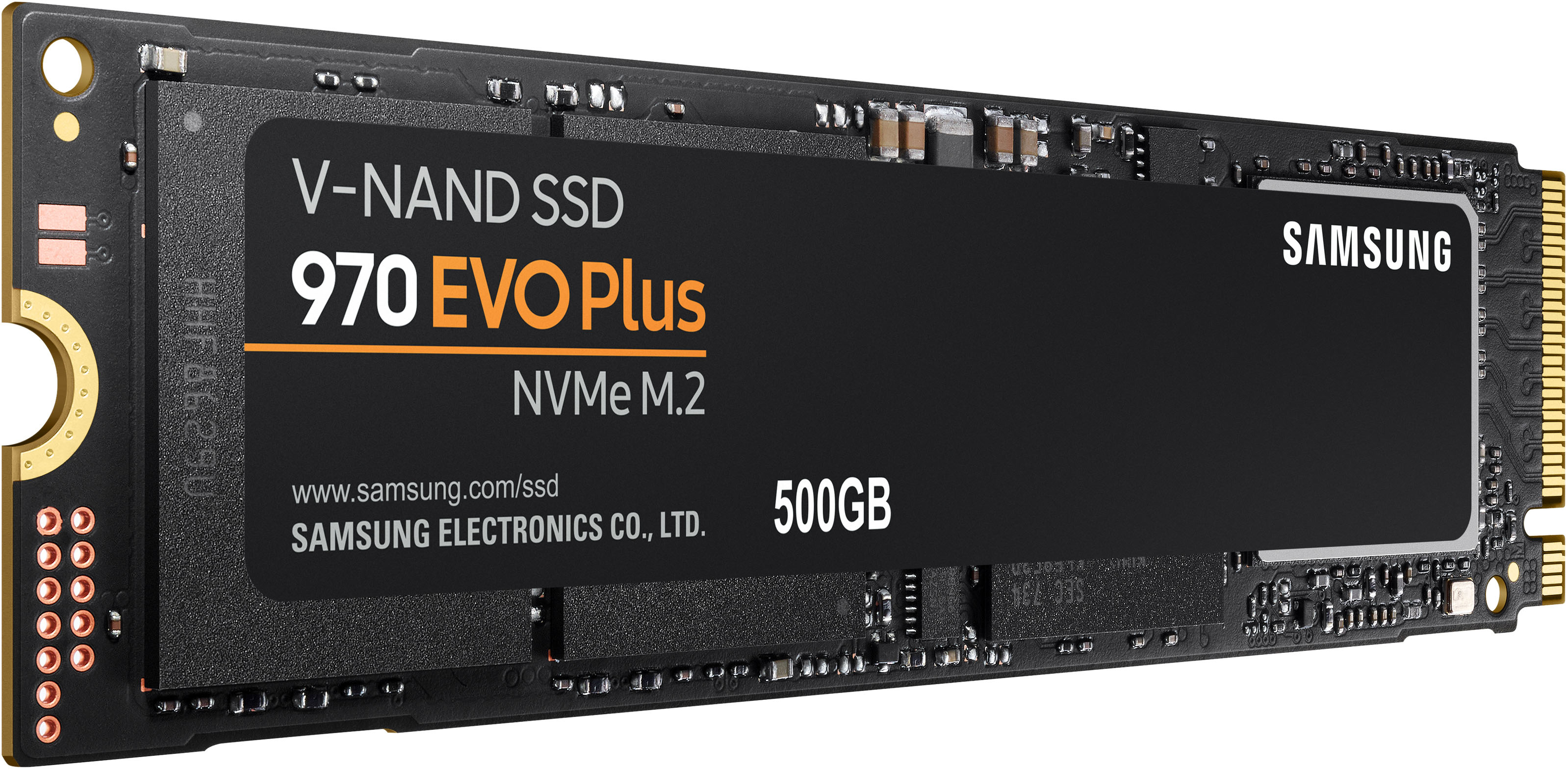 Schwarze SSD-Karte mit Text: V-NAND SSD 970 EVO Plus NVMe M.2 und Samsung-Logo.