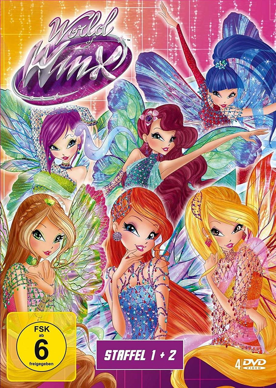 DVD-Hülle von World of Winx. Zeigt animierte Feen mit bunten Flügeln und Outfits.