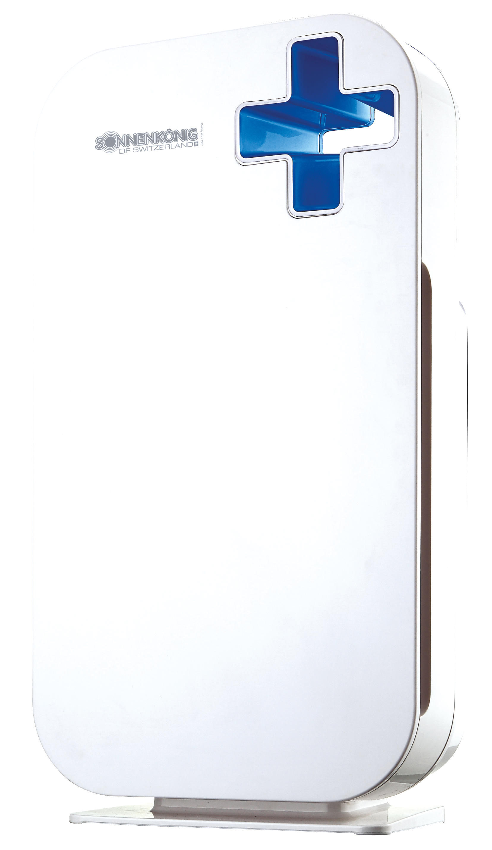 Ein weißer Luftreiniger mit blauem kreuzförmigen Design, Sonnenkönig-Logo und weißem Sockel auf weißem Hintergrund.
