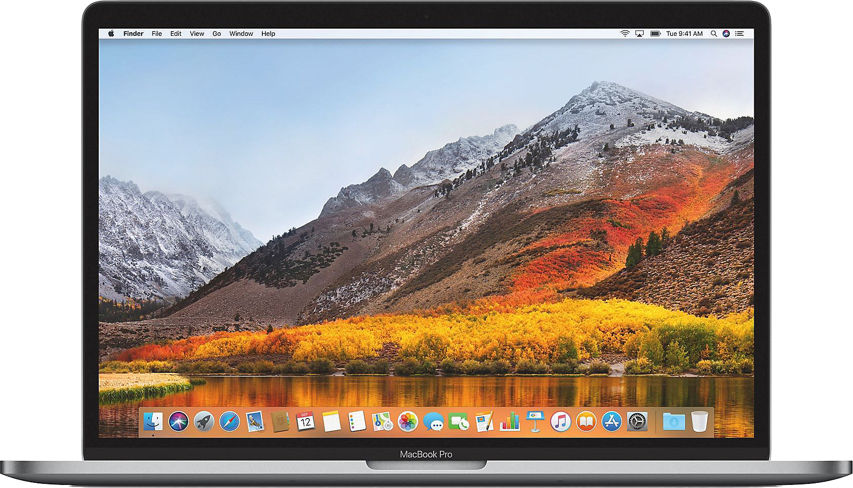 Laptop mit einer Berglandschaft mit See und Herbstlaub.