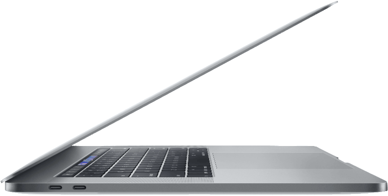 Silberner Laptop, geöffnet. Tastatur sichtbar, Bildschirm ist schwarz. Seitenansicht mit Portdetails.