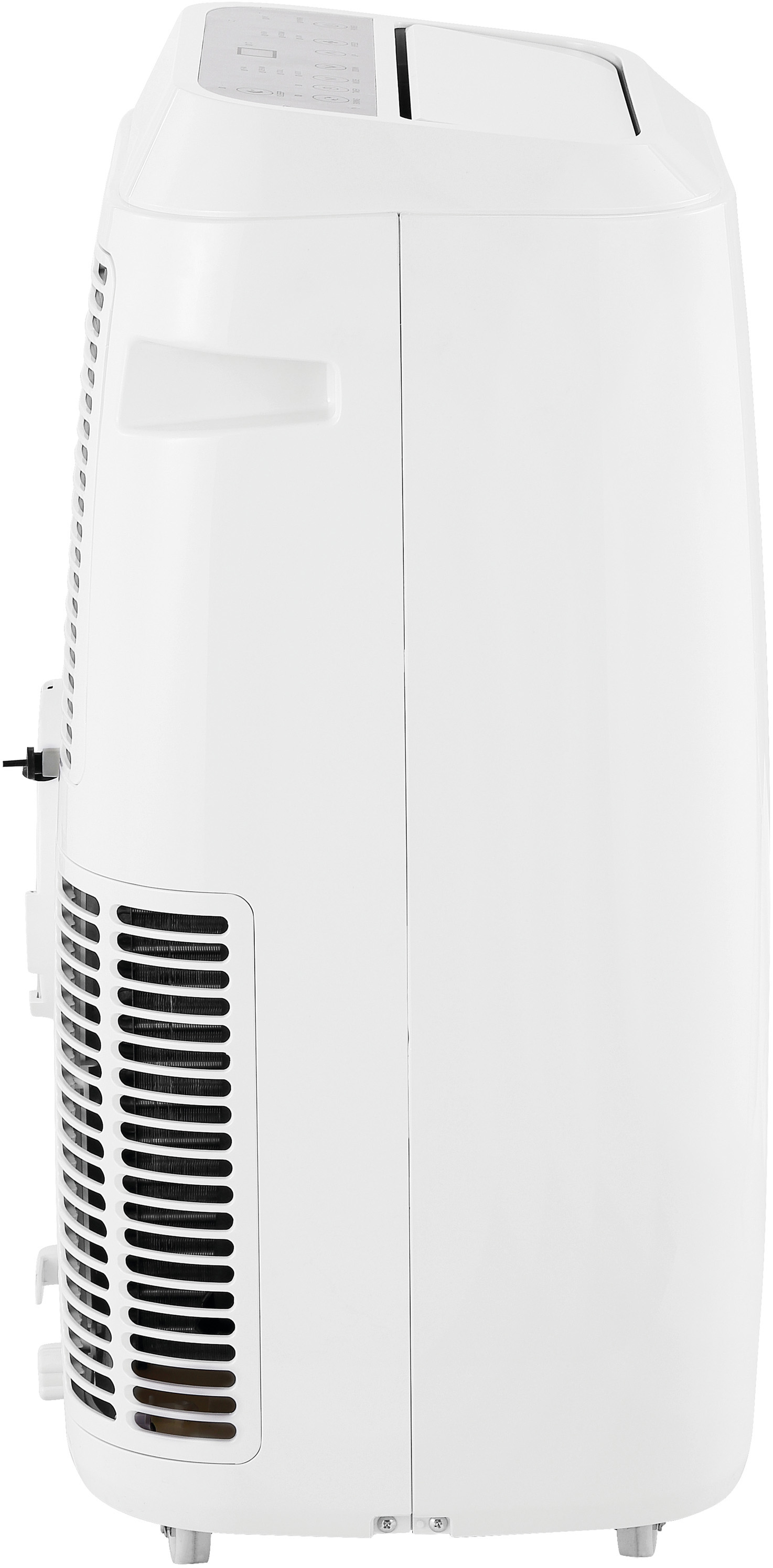 Ein weißes tragbares Klimagerät, von der Seite gezeigt. Es hat Lüftungsschlitze und Bedienfelder.