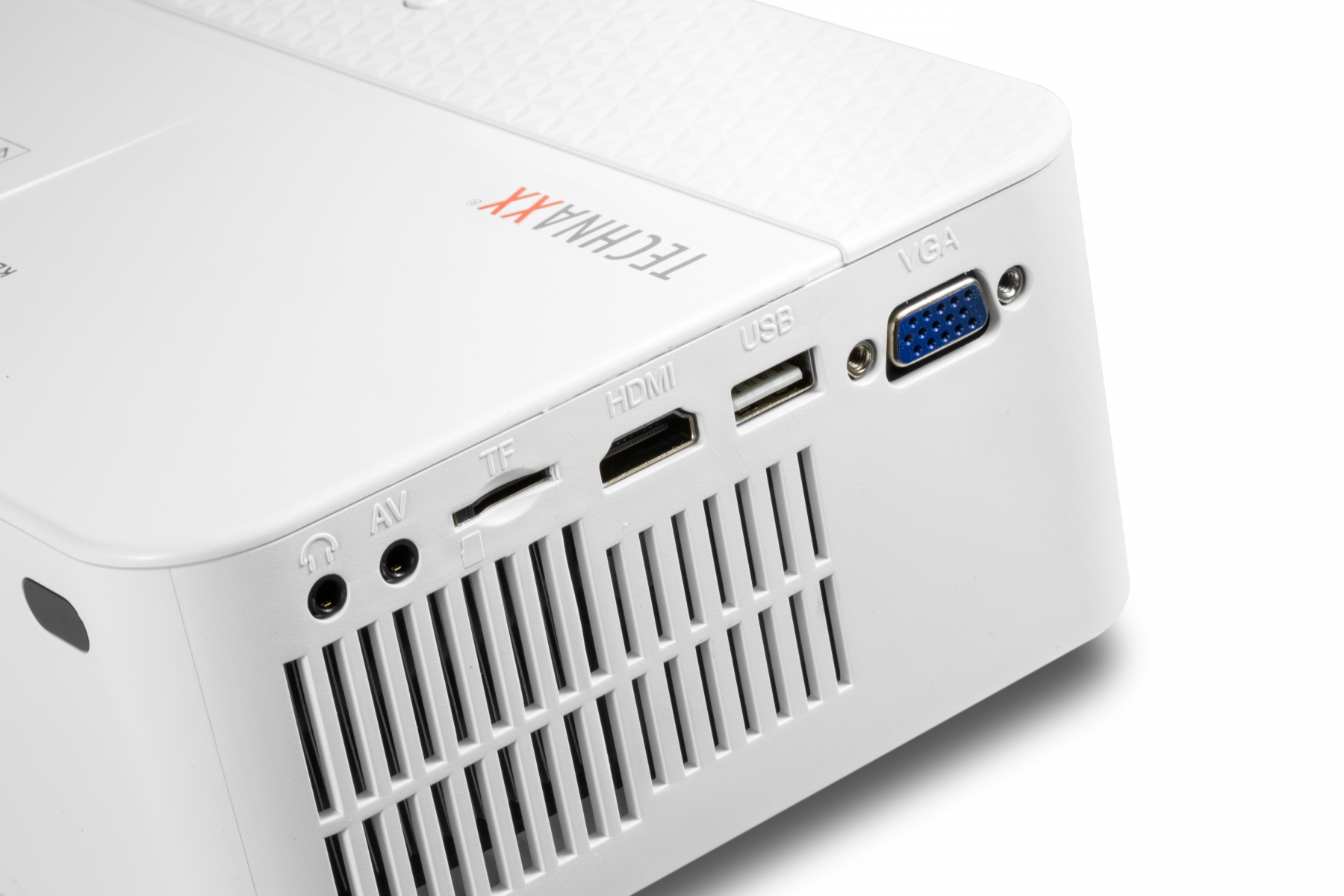 Weißer Projektor mit Eingängen. HDMI-, USB- und VGA-Anschlüsse sind seitlich sichtbar.