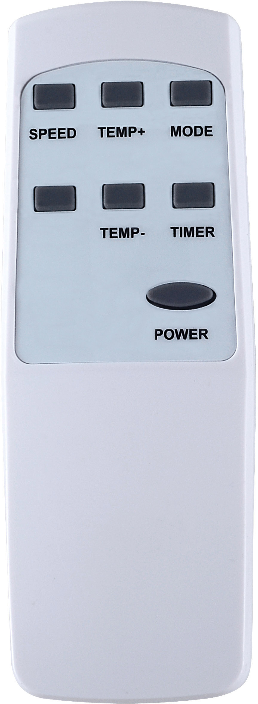 Weiße Fernbedienung mit den beschrifteten Knöpfen: SPEED, TEMP+, MODE, TEMP-, TIMER und POWER. Schwarze Power-Taste.