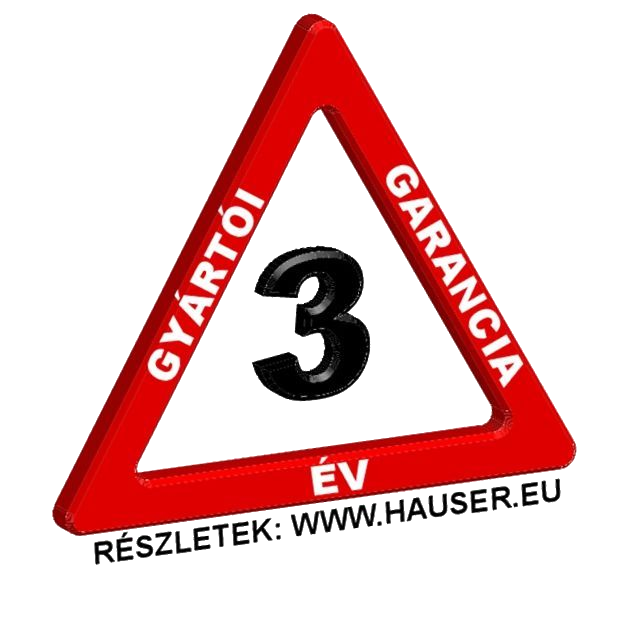 Piros háromszög fehér szöveggel: "3 ÉV GARANCIA", ami "3 ÉV GARANCIÁT" jelent, alul pedig "HAUSER.EU".
