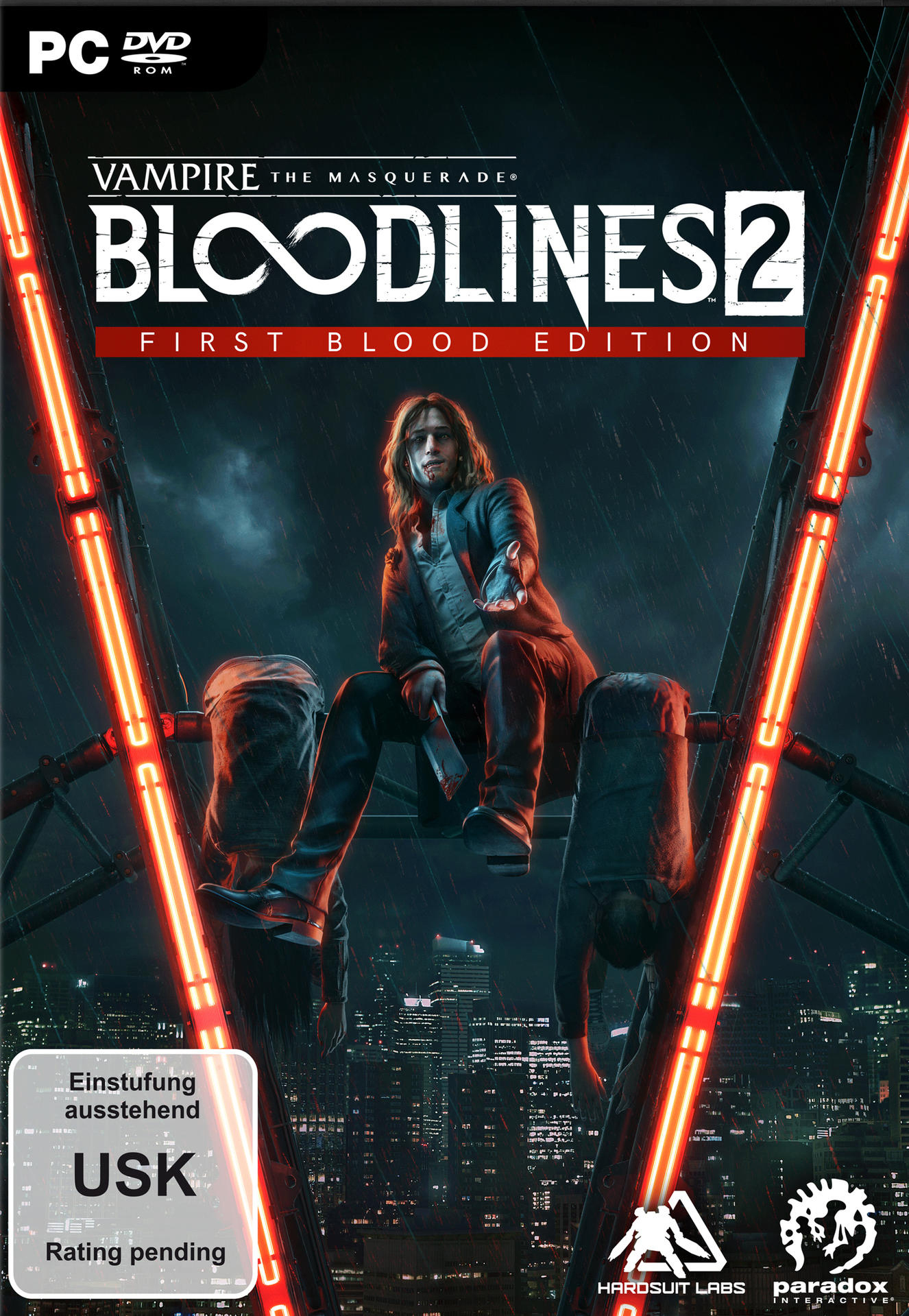Spielcover: Ein Mann im Mantel hängt kopfüber, Hintergrund Stadtlandschaft, 'Vampire the Masquerade: Bloodlines 2'.