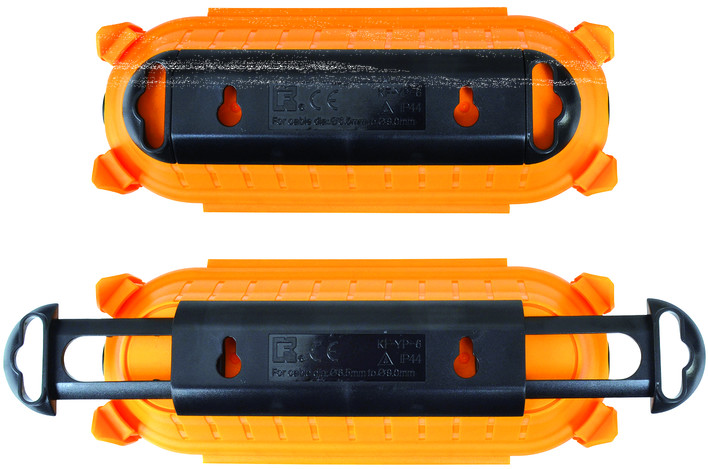 Zwei orangefarbene Kabelverbinder mit schwarzen Haltern.