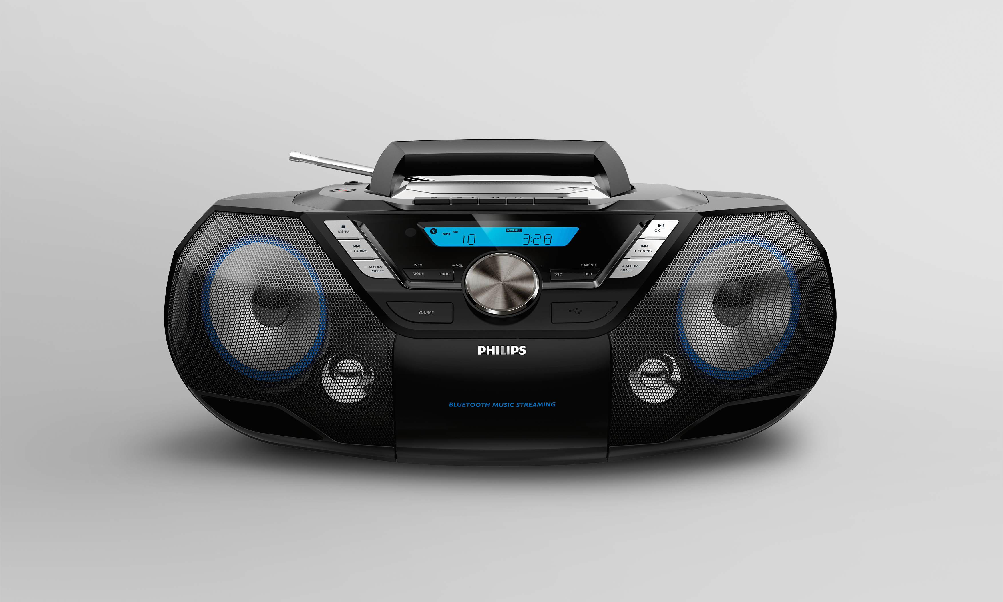 Eine schwarze Boombox mit blauen Lautsprecherlichtern.