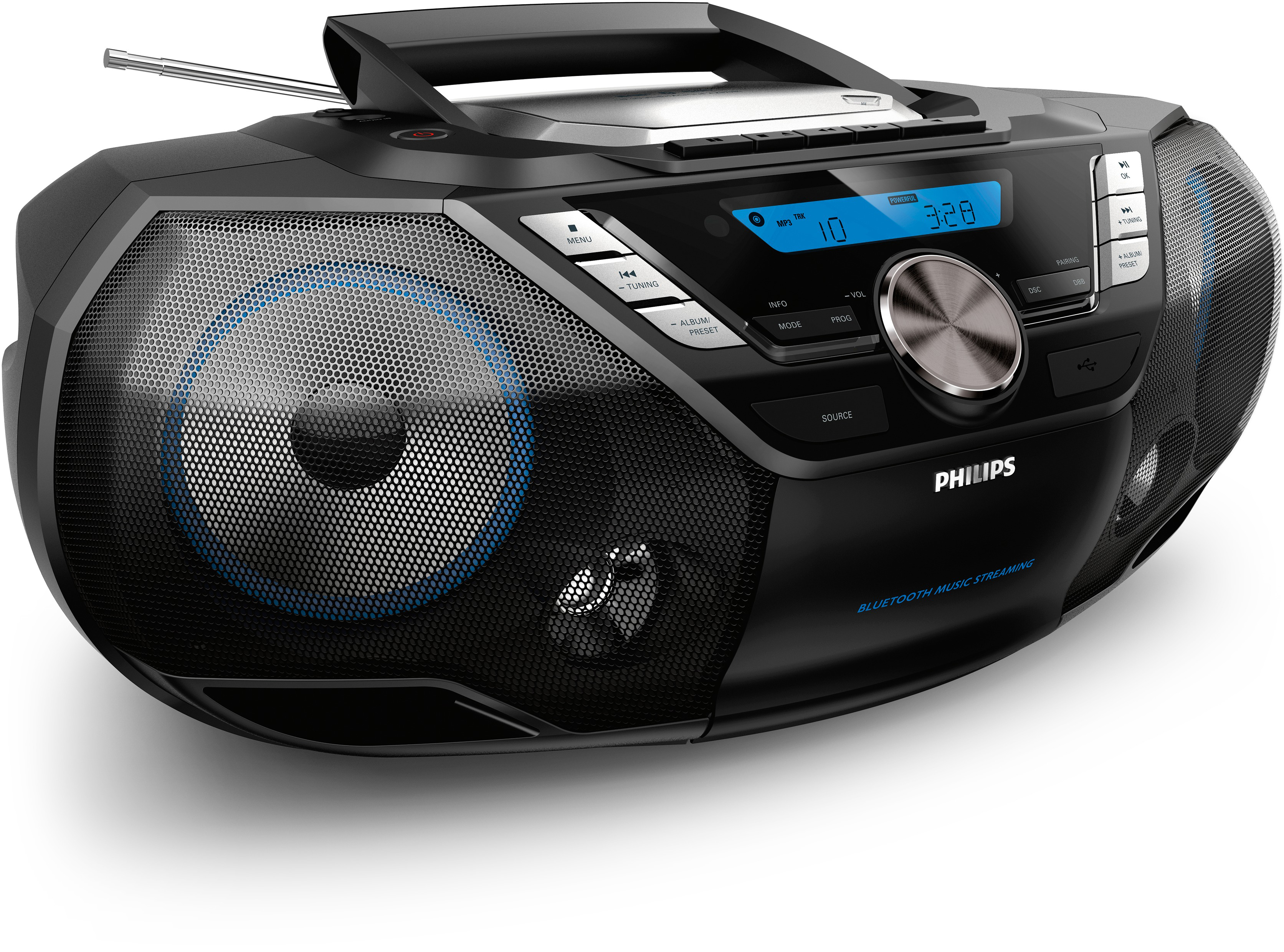 Eine schwarze und blaue Philips Boombox mit CD-Player, Lautsprechern und einem Tuning-Display.