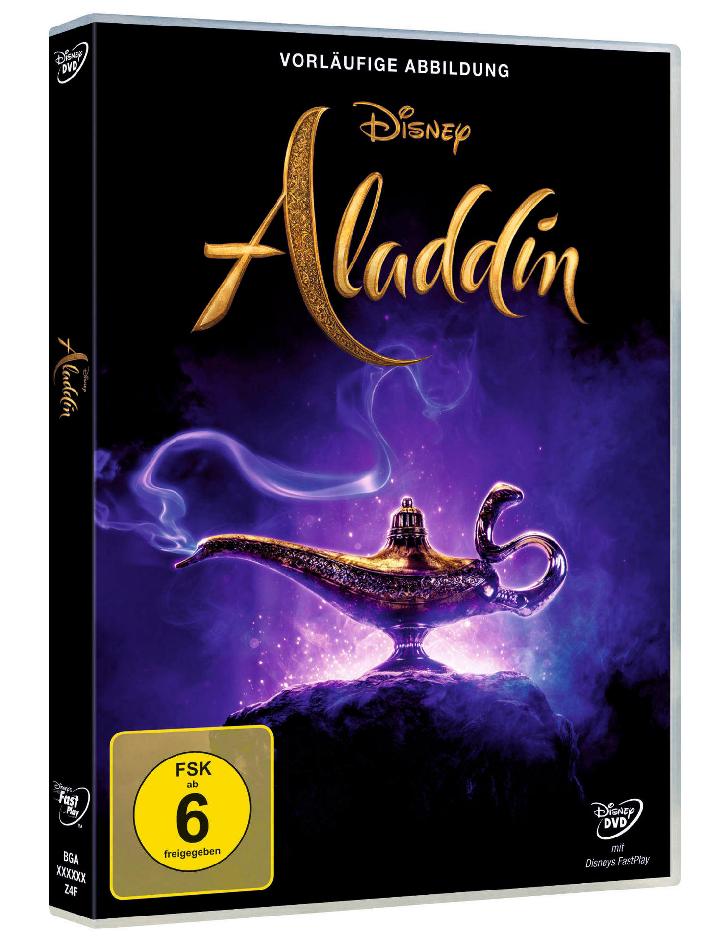 Aladdin DVD-Hülle, mit dem Filmtitel in Gold, einem Geist und einem Bewertungssymbol.