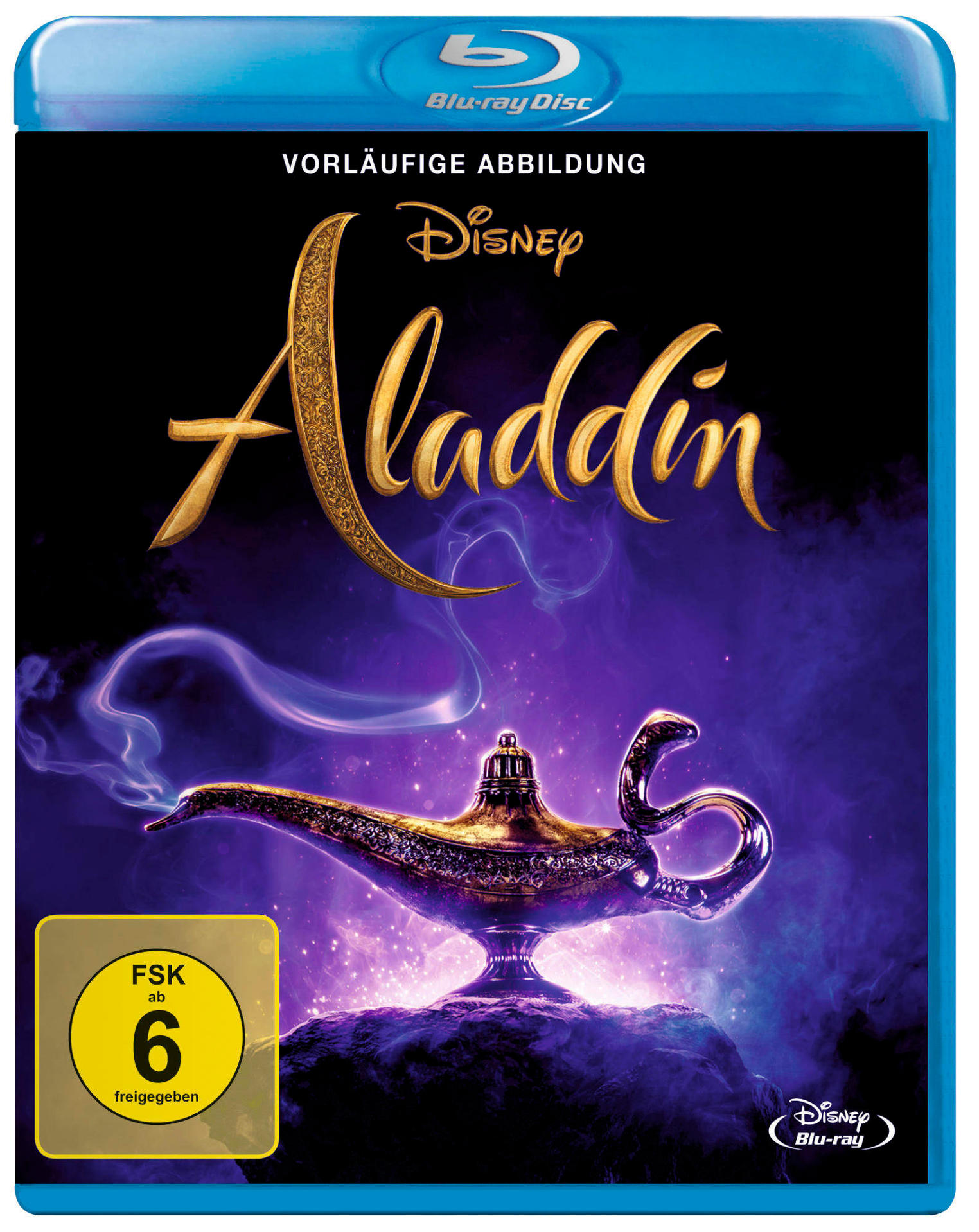 Blu-ray-Disc von Disneys Aladdin mit goldener Dschinni-Lampe und Titel auf lila Hintergrund.