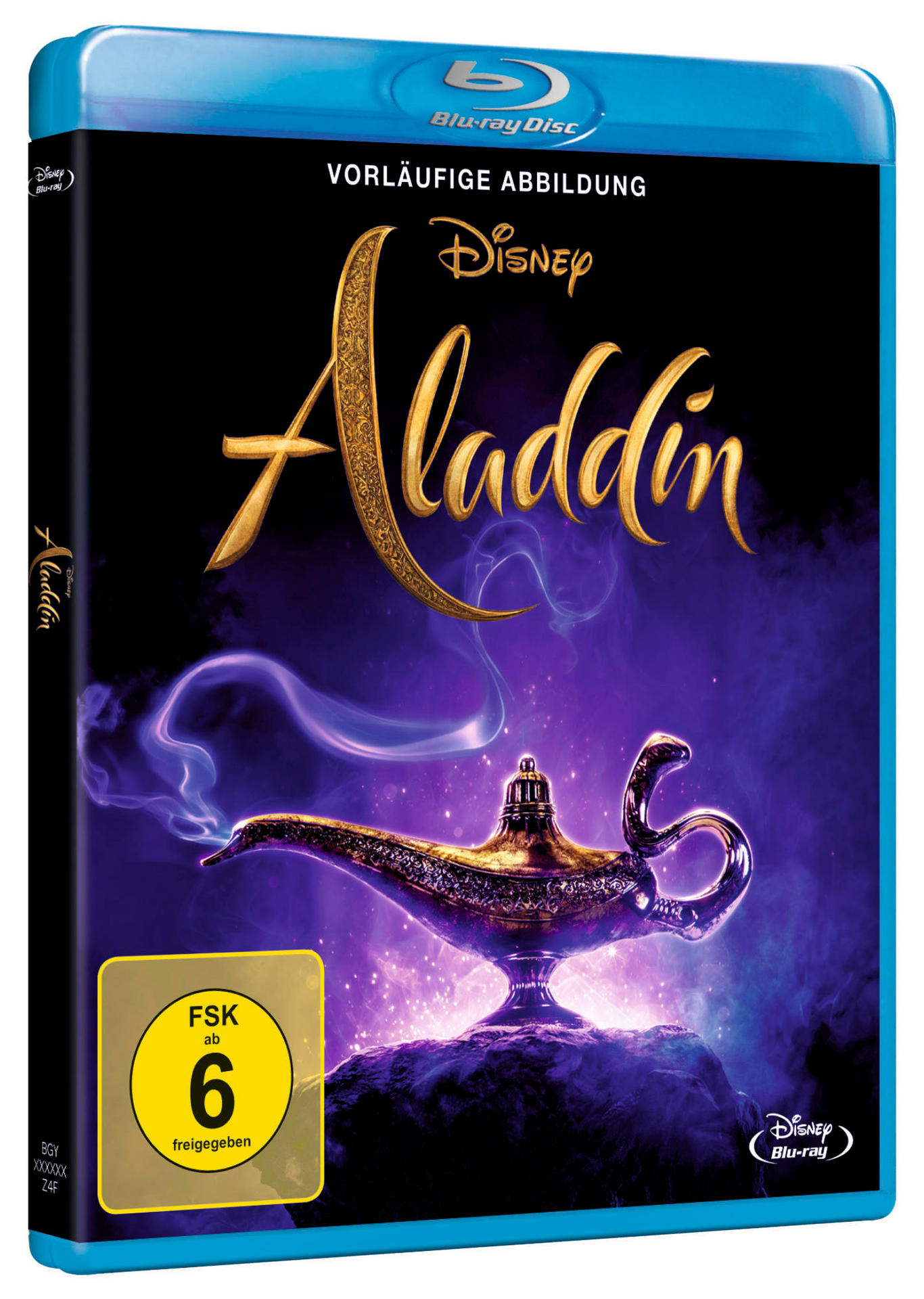 Blu-ray-Disc von Disneys Aladdin mit einer goldenen Lampe.