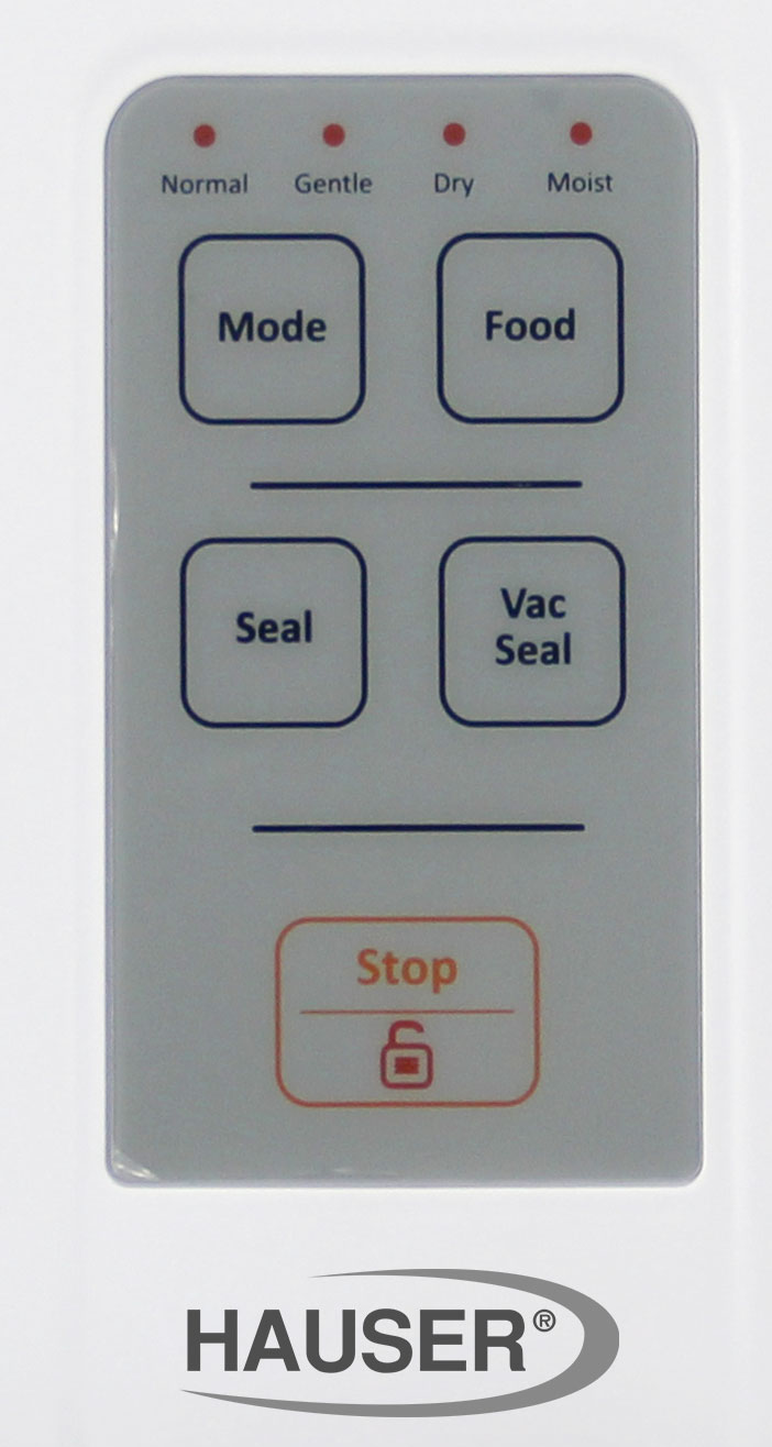 Fehér vezérlőpanel gombokkal a mód, az étel, a tömítés, a vákuumtömítés és a leállítás funkciókhoz.