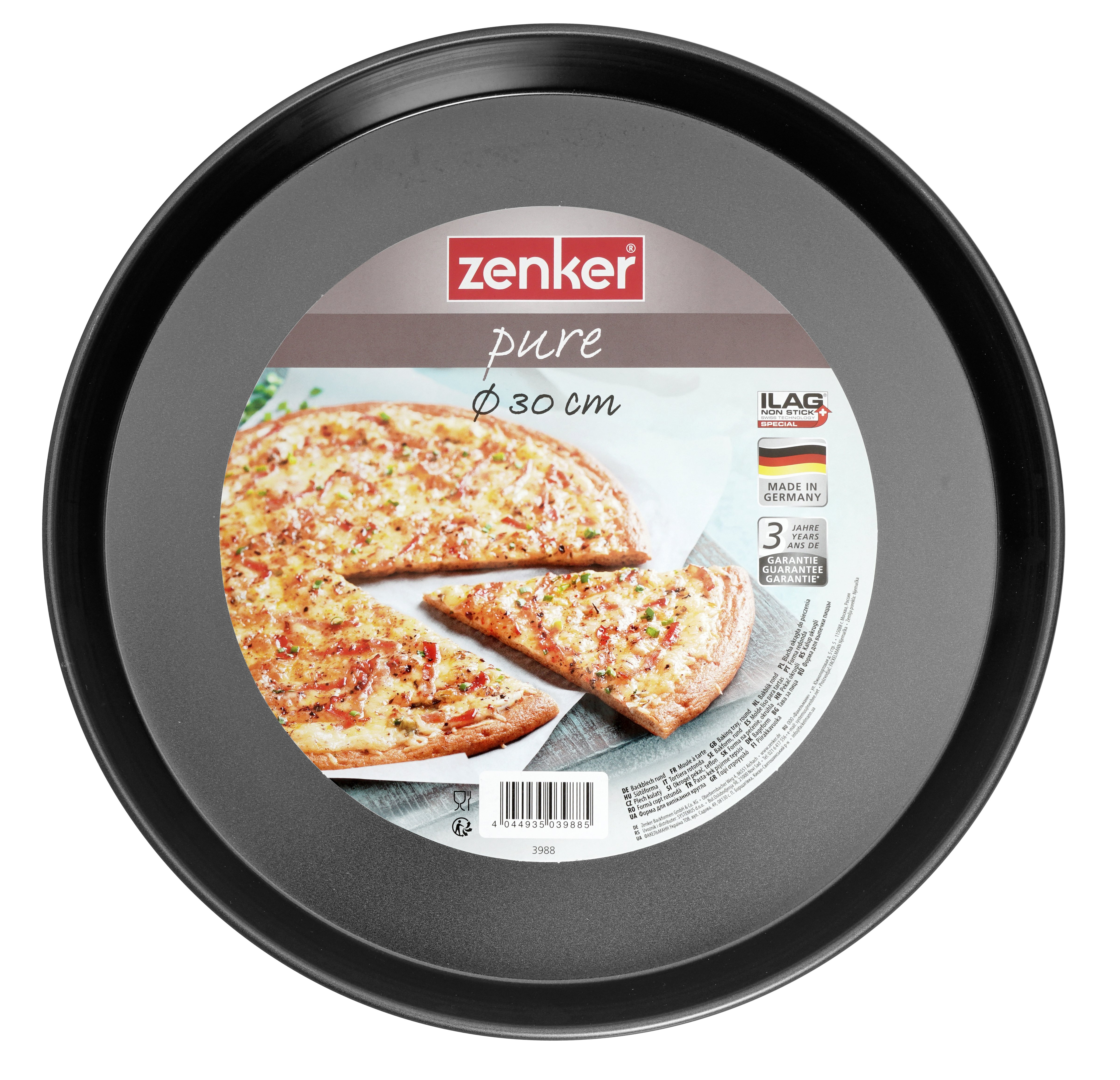 Runde, schwarze Pizzapfanne mit Pizza und Text.