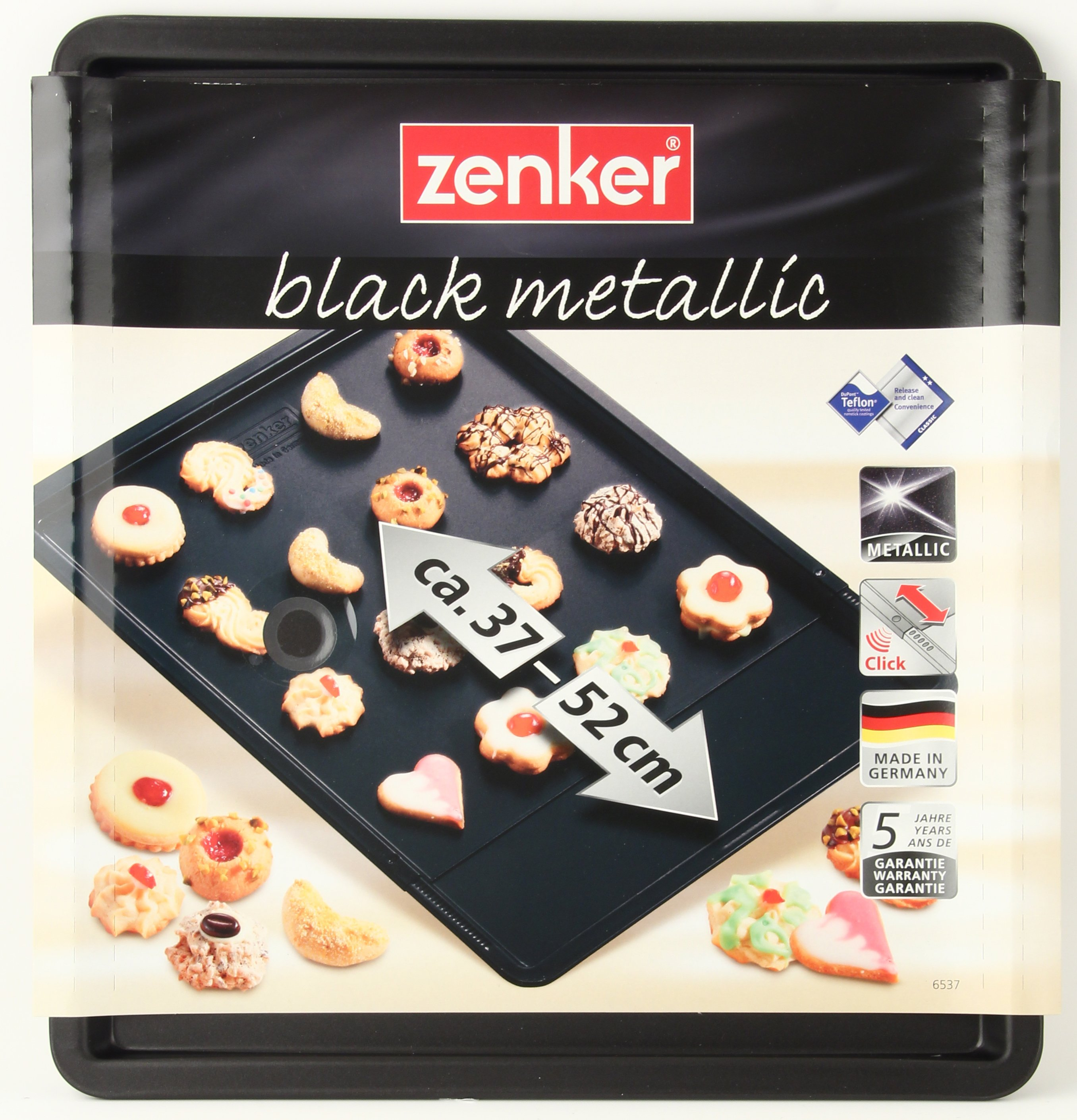 Schwarzes Backblech mit Keksen. Ein weißer Pfeil zeigt auf die Größe. Aufschrift 'black metallic'.