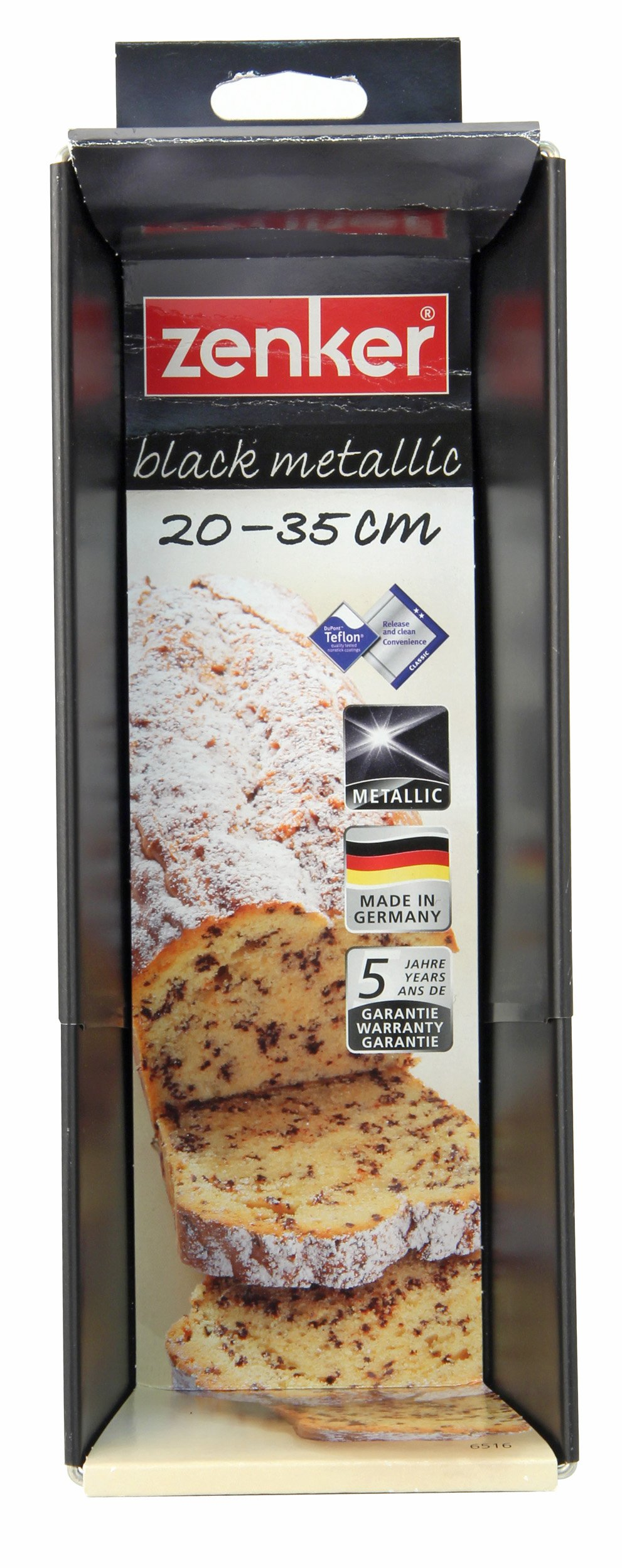 Eine schwarze Brotbackform mit Text und Bildern von Backwaren auf der Verpackung.