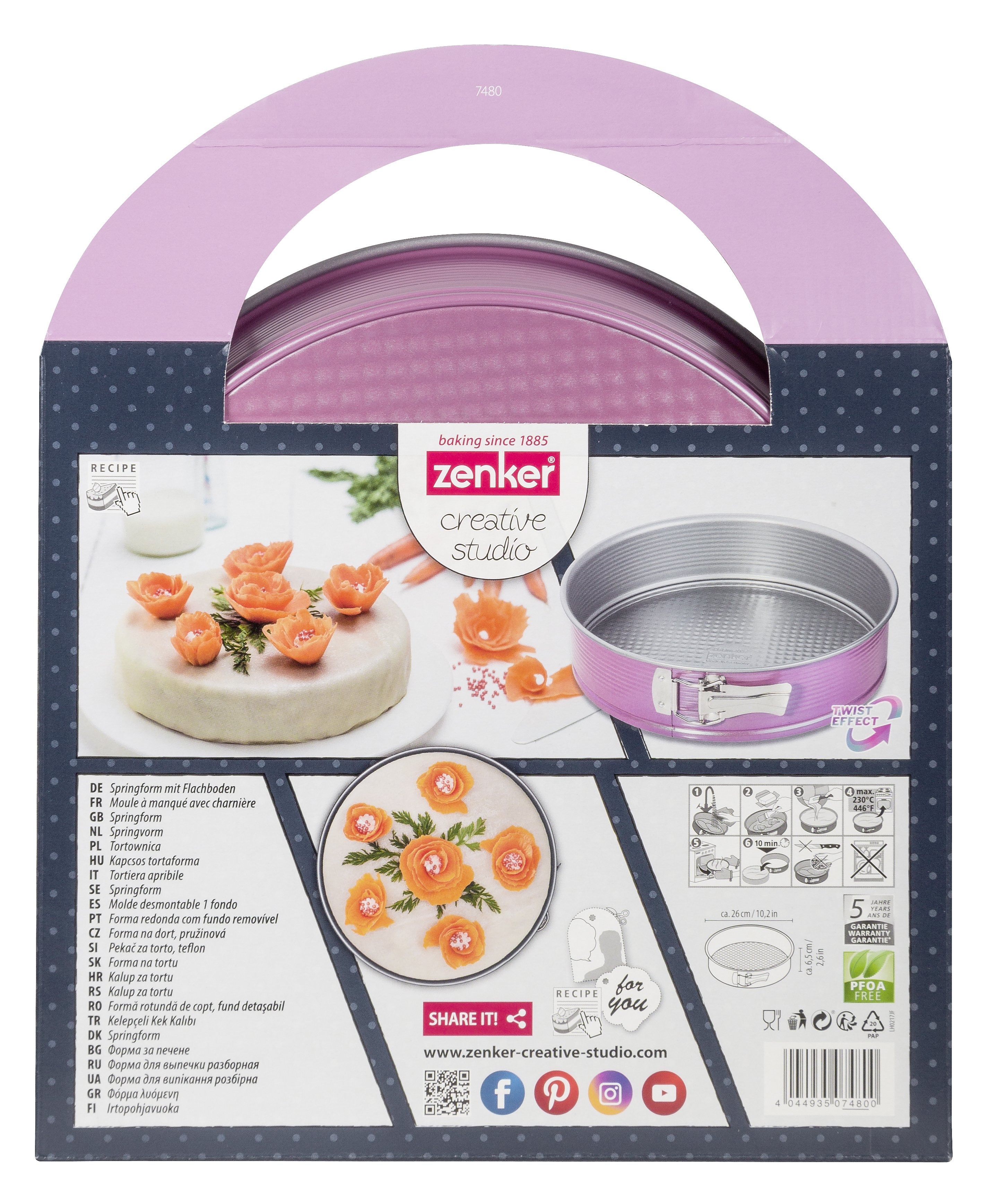 Box für eine rosa Springform, mit Kuchenbildern und Text: Zenker Creative Studio.