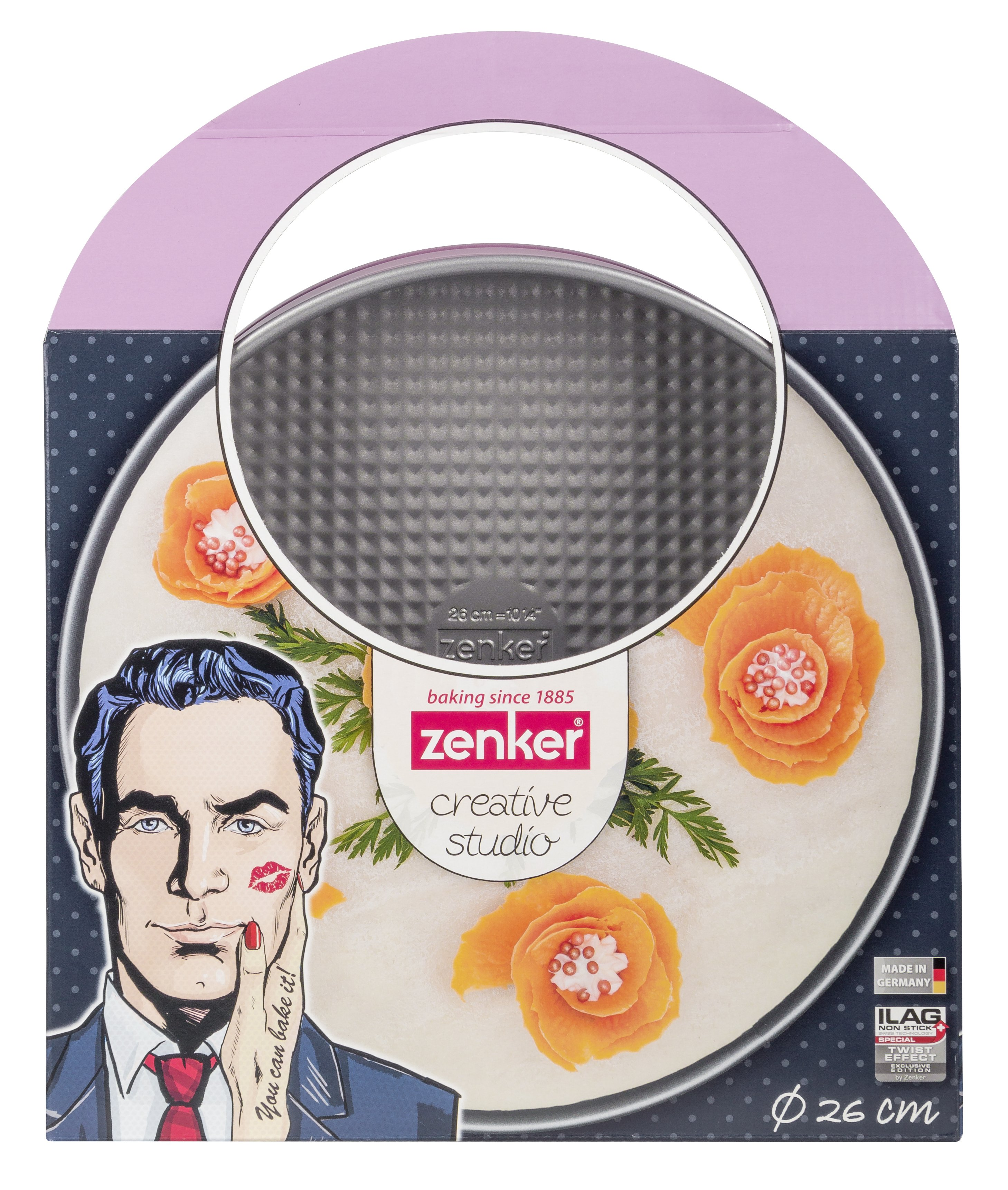 Kuchenform mit Männergesicht, rotem Lippenstiftkuss und orangefarbenen Blumendekorationen.