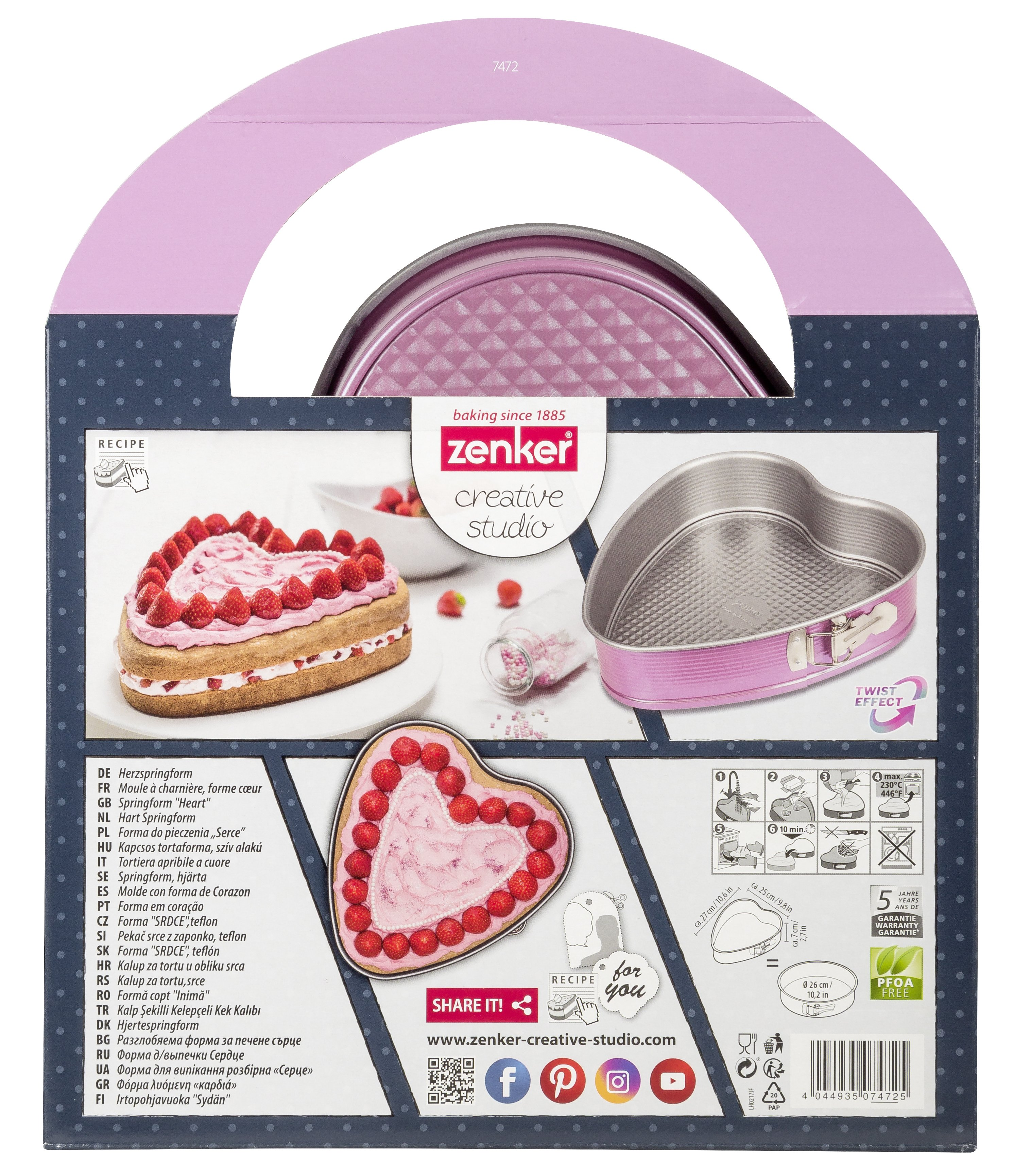 Verpackung für eine herzförmige Kuchenform mit einem Kuchenbild auf der Schachtel.