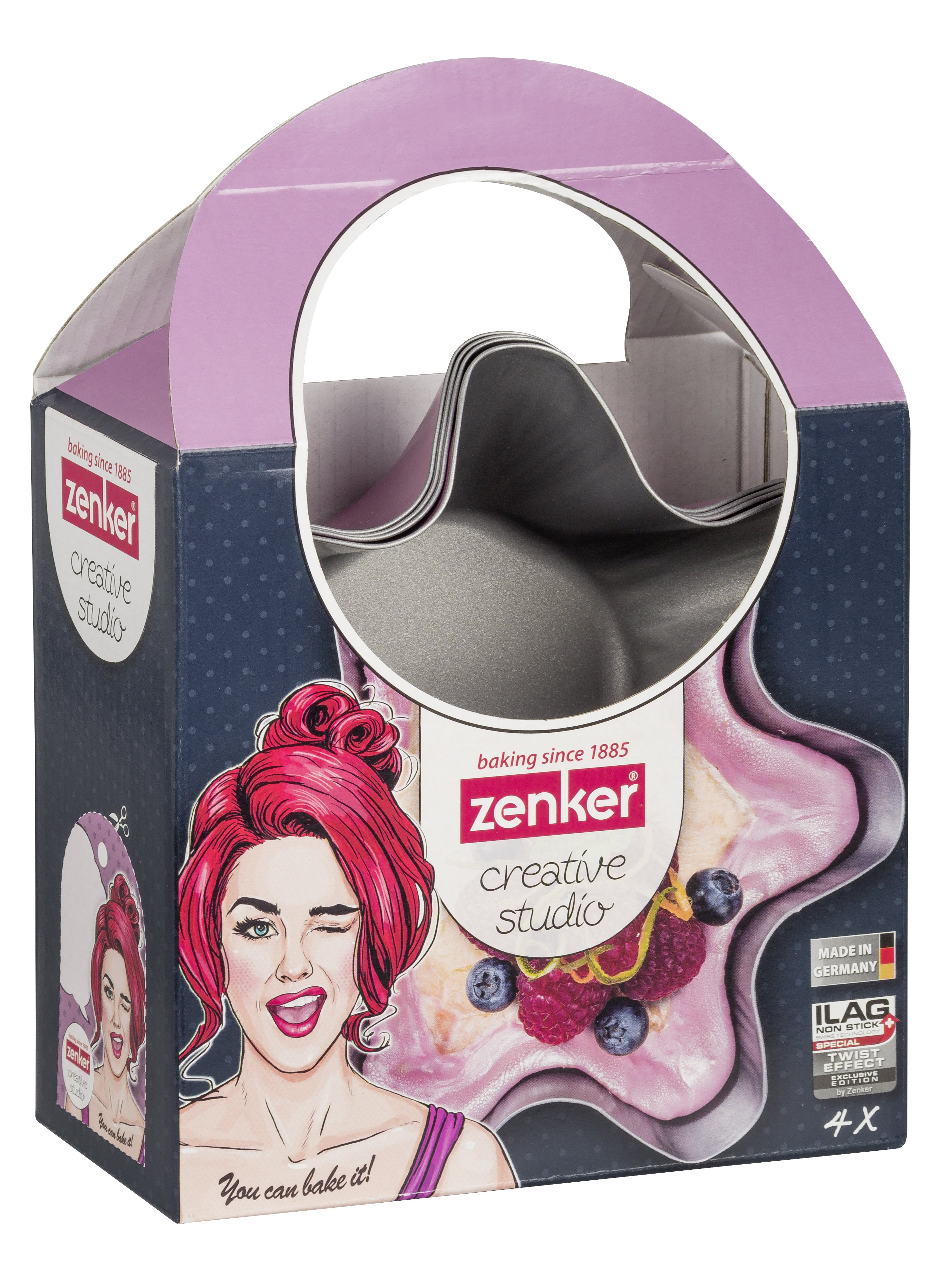 Eine Backbox mit rosa Oberteil, einer zwinkernden Frau und einem sternförmigen Kuchen.