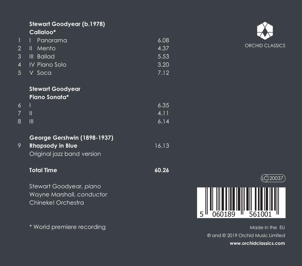 Rückseite einer CD mit Titelliste und Credits, mit Barcode und Orchid Classics Logo.