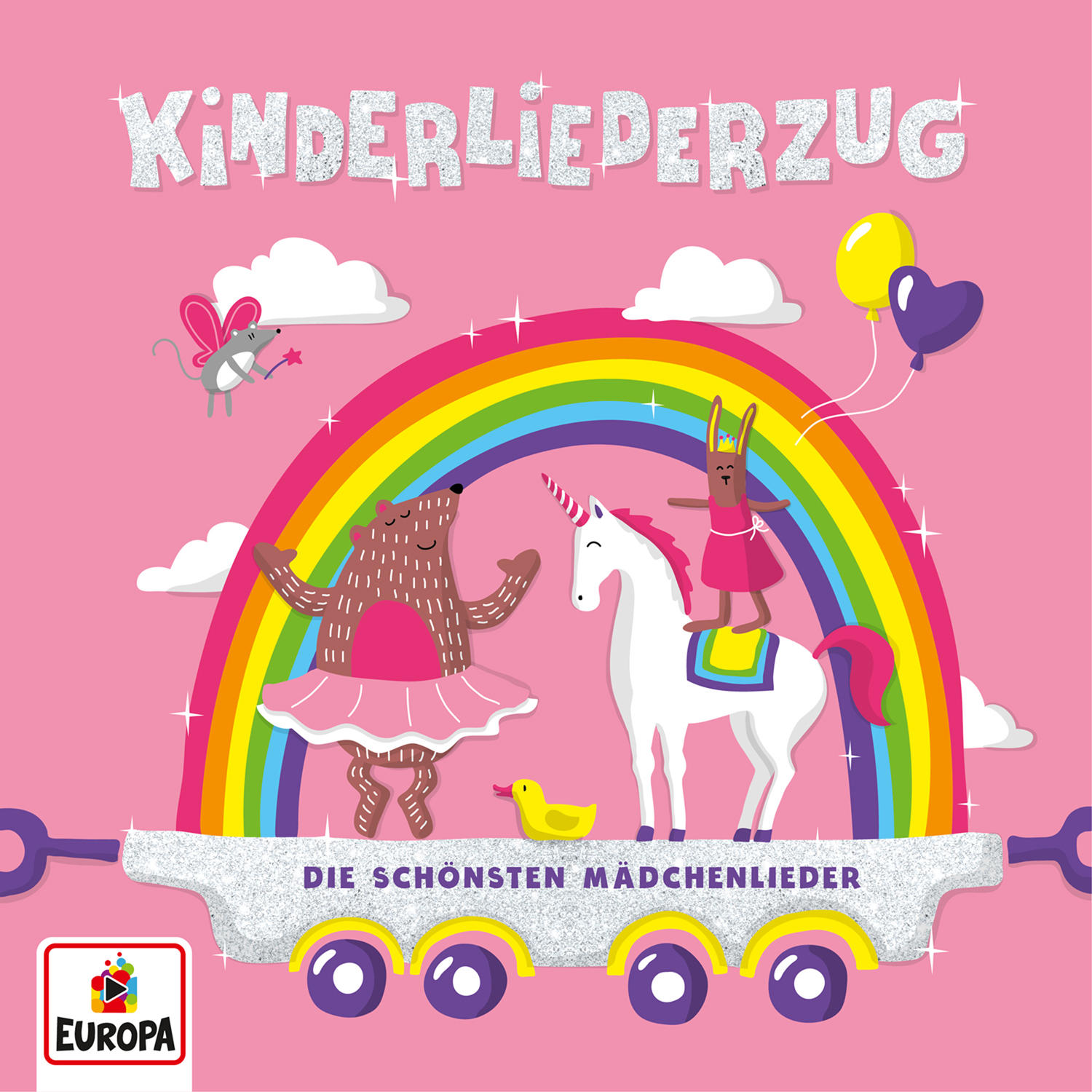 Ein Musikalbumcover mit Cartoonfiguren eines Bären, eines Einhorns und einer Maus.