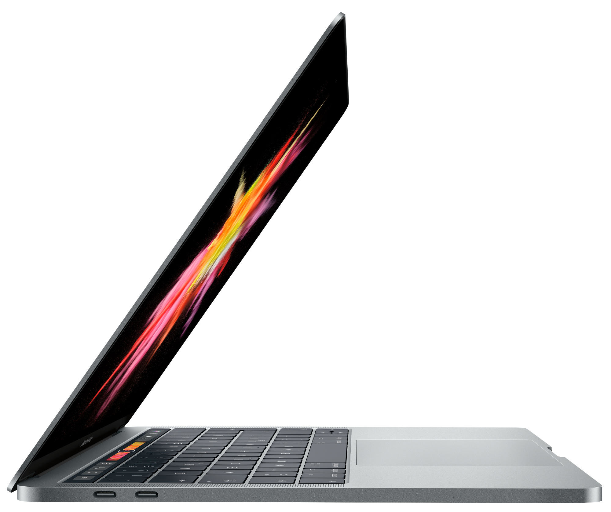 Silbernes MacBook Pro. Der Bildschirm ist geöffnet mit bunten Grafiken. Schwarze Tastatur. Weißer Hintergrund.