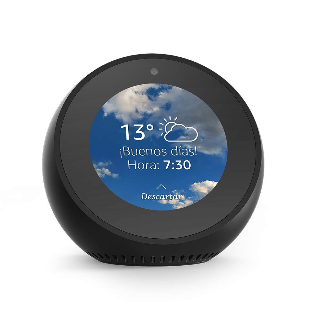 Pantalla inteligente negra mostrando información del tiempo: temperatura, hora y texto ¡Buenos días!