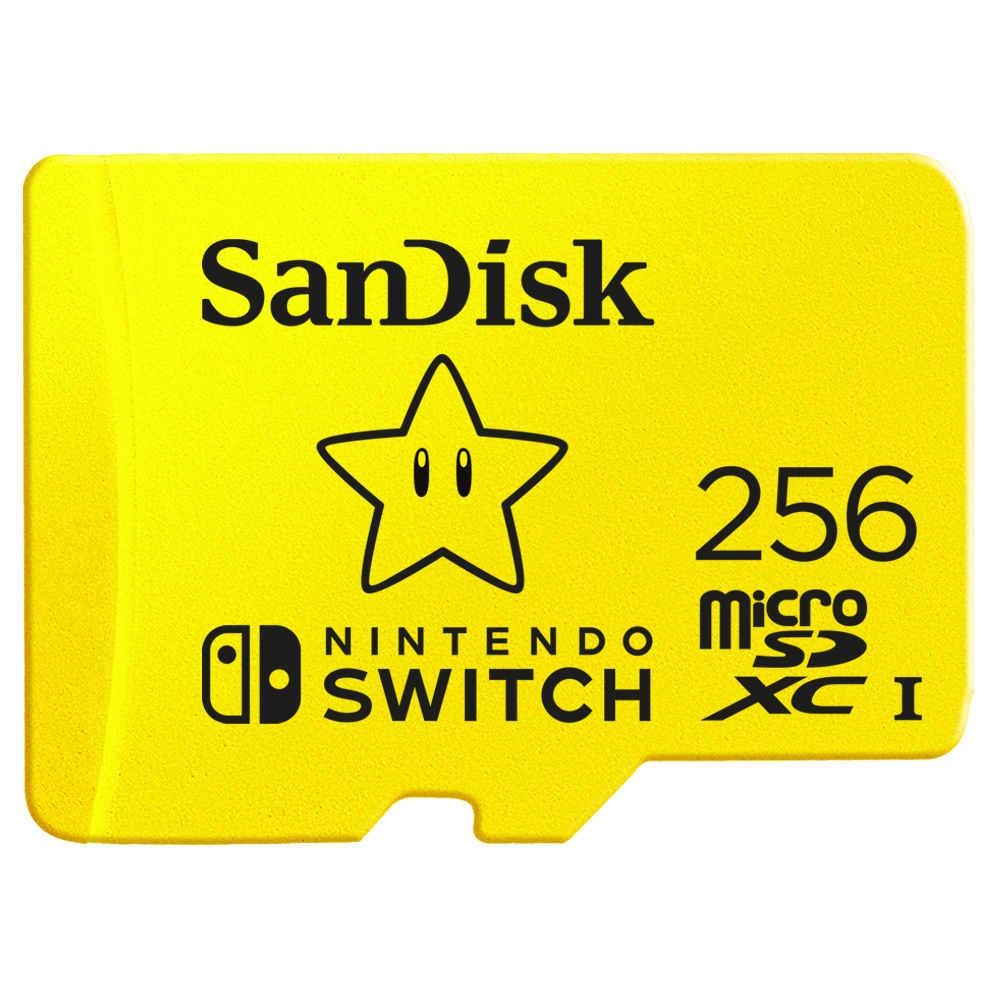 Eine gelbe Nintendo Switch SD-Karte mit Stern und dem Text 'SanDisk' und '256 Micro SDXC I'.