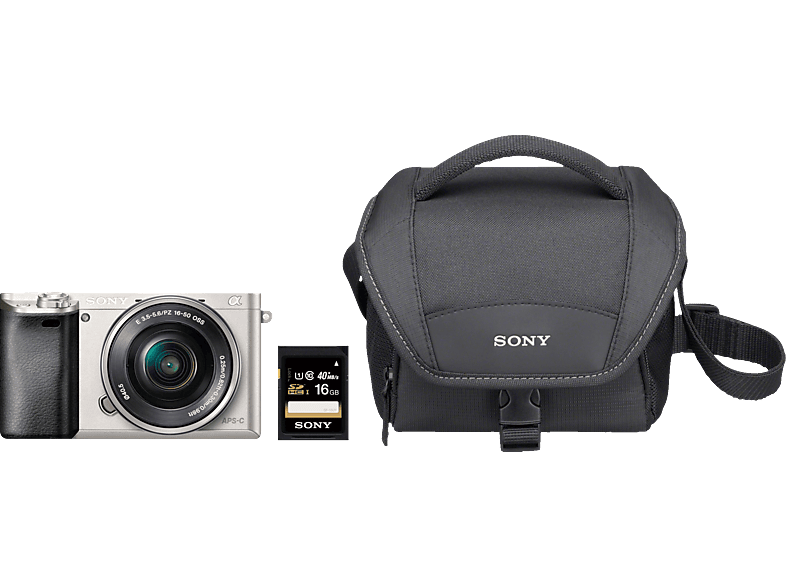 WLAN mm, Objektiv 7,6 Systemkamera mit Tasche + Display, + Speicherkarte Alpha cm KIT SONY 16-50 (ILCE-6000L) 6000