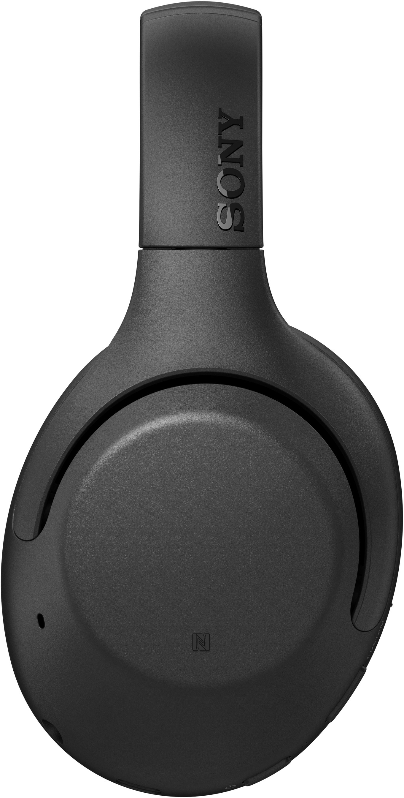 Nahaufnahme von schwarzen Sony-Kopfhörern mit Markennamen auf dem Kopfband.