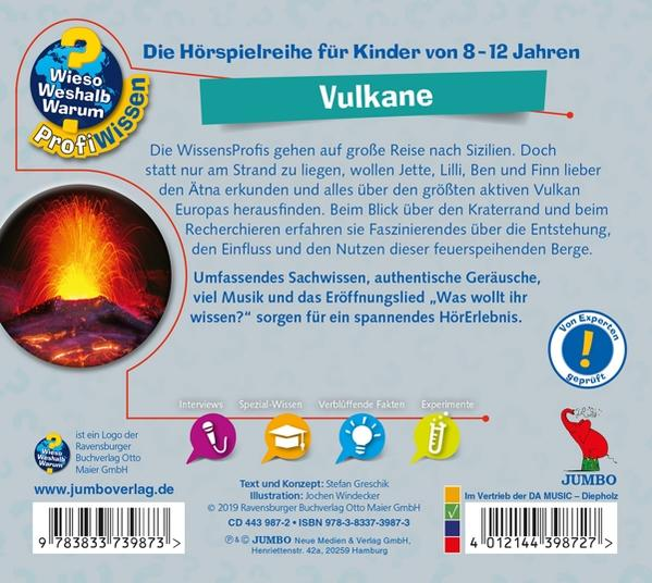 Buchcover mit Vulkanillustration, Text über Vulkane und Logos für 'Wieso Weshalb Warum' und 'Jumbo'.