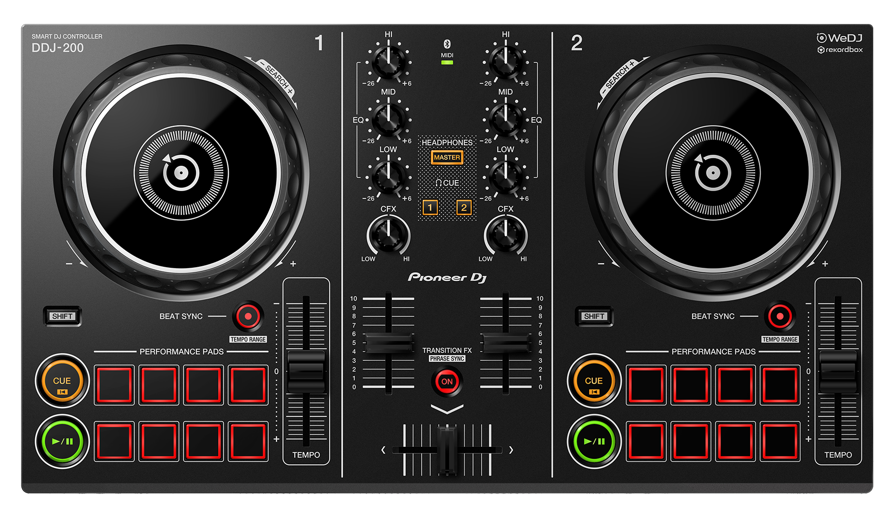 DJ controller. Black with multiple knobs, buttons, and two jog wheels.