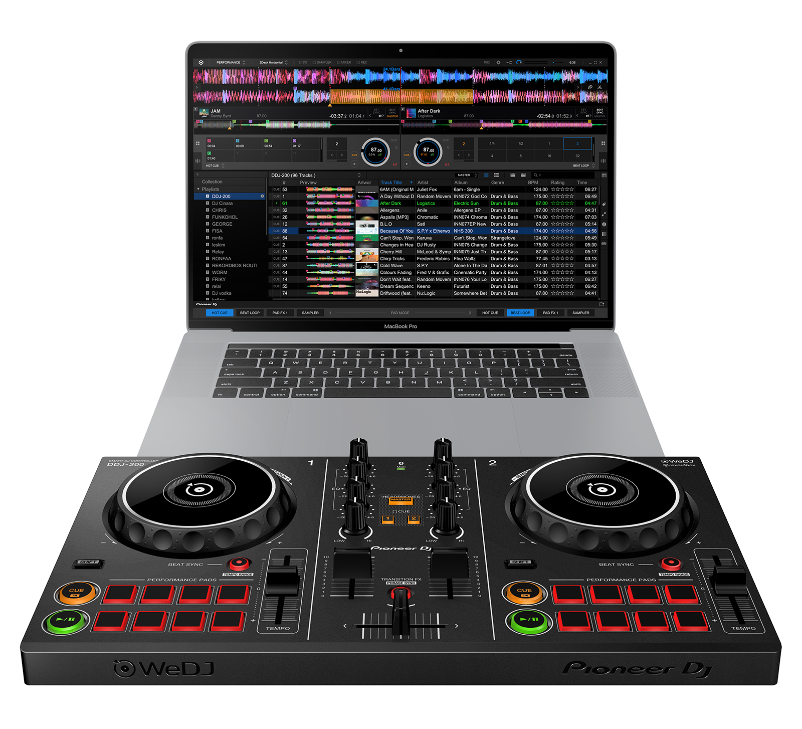 DJ controller and laptop displaying a music mixing interface. White background.