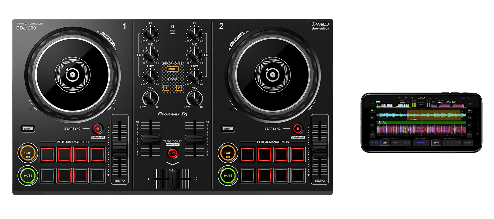A DJ controller with two decks and a phone displaying a music app.