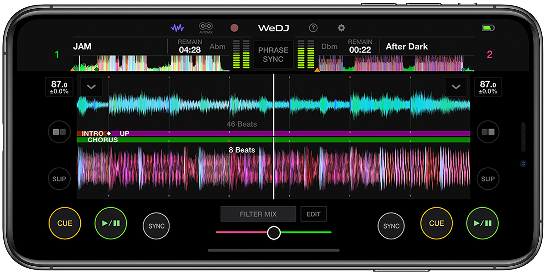 Smartphone screen showing a DJ mixing app interface with waveforms and controls.