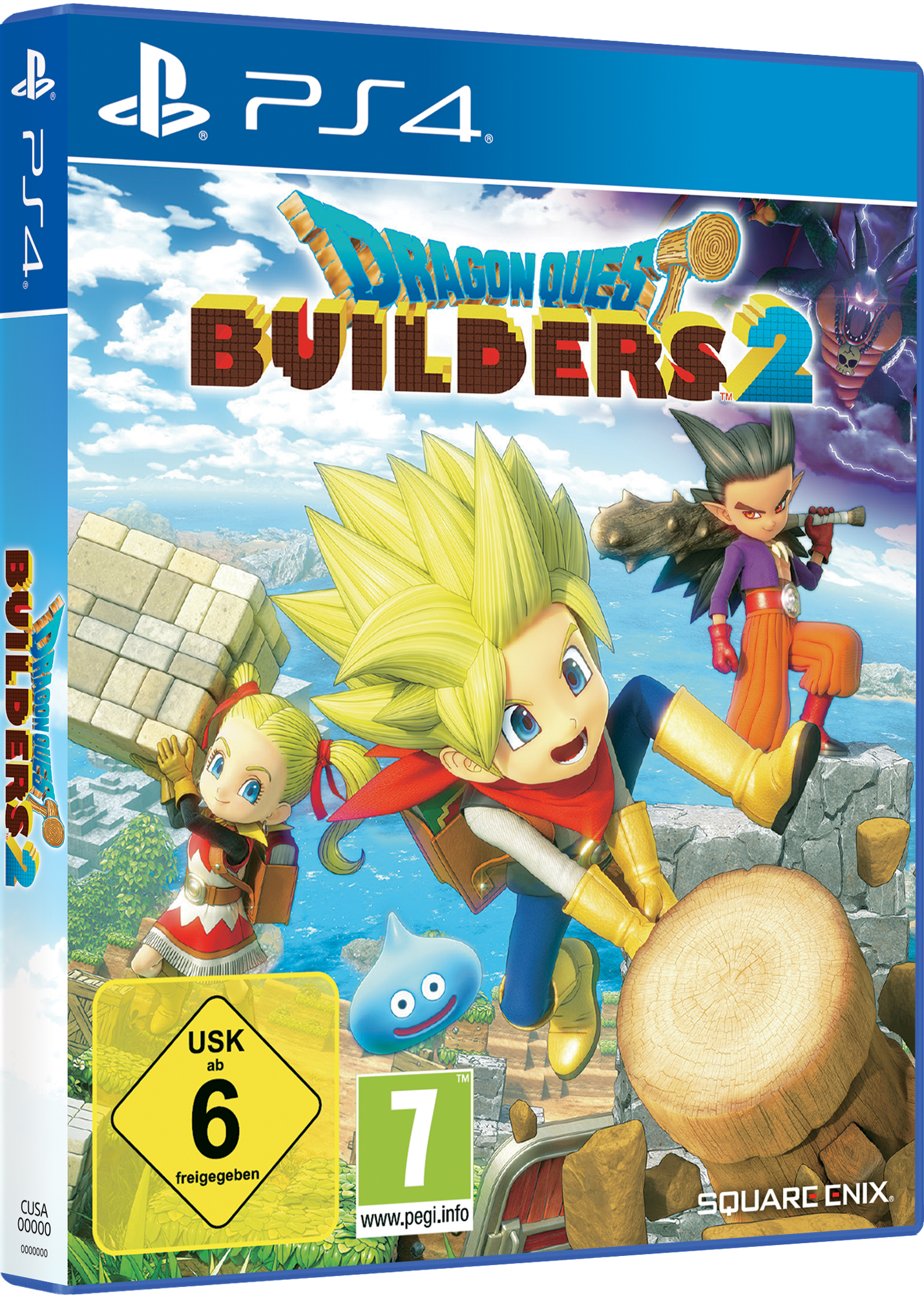 Dragon Quest Builders 2 Spielverpackung. Enthält Charaktere in einer bunten Fantasy-Umgebung.